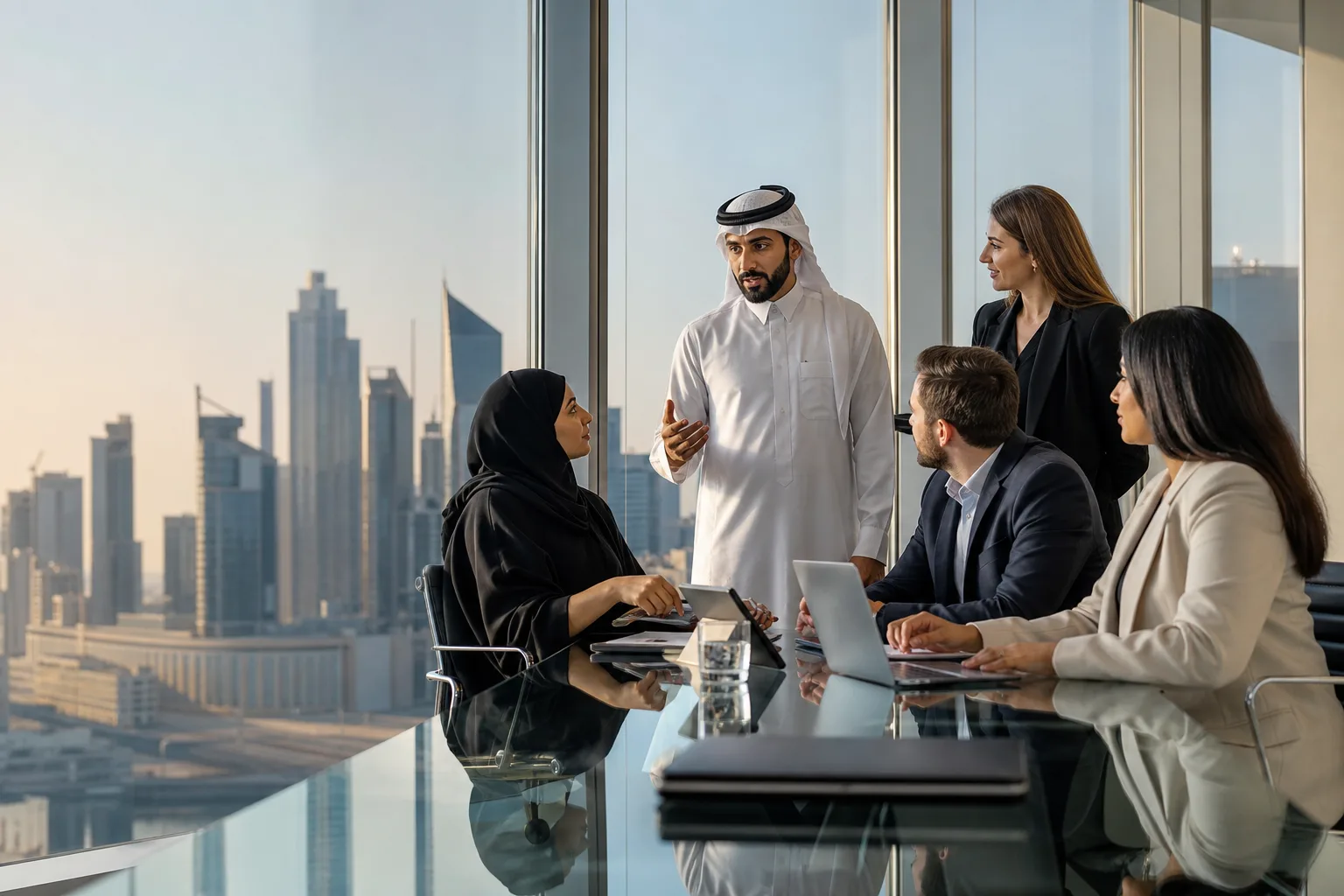 Professionals collaborating in a Doha office overlooking the city skyline