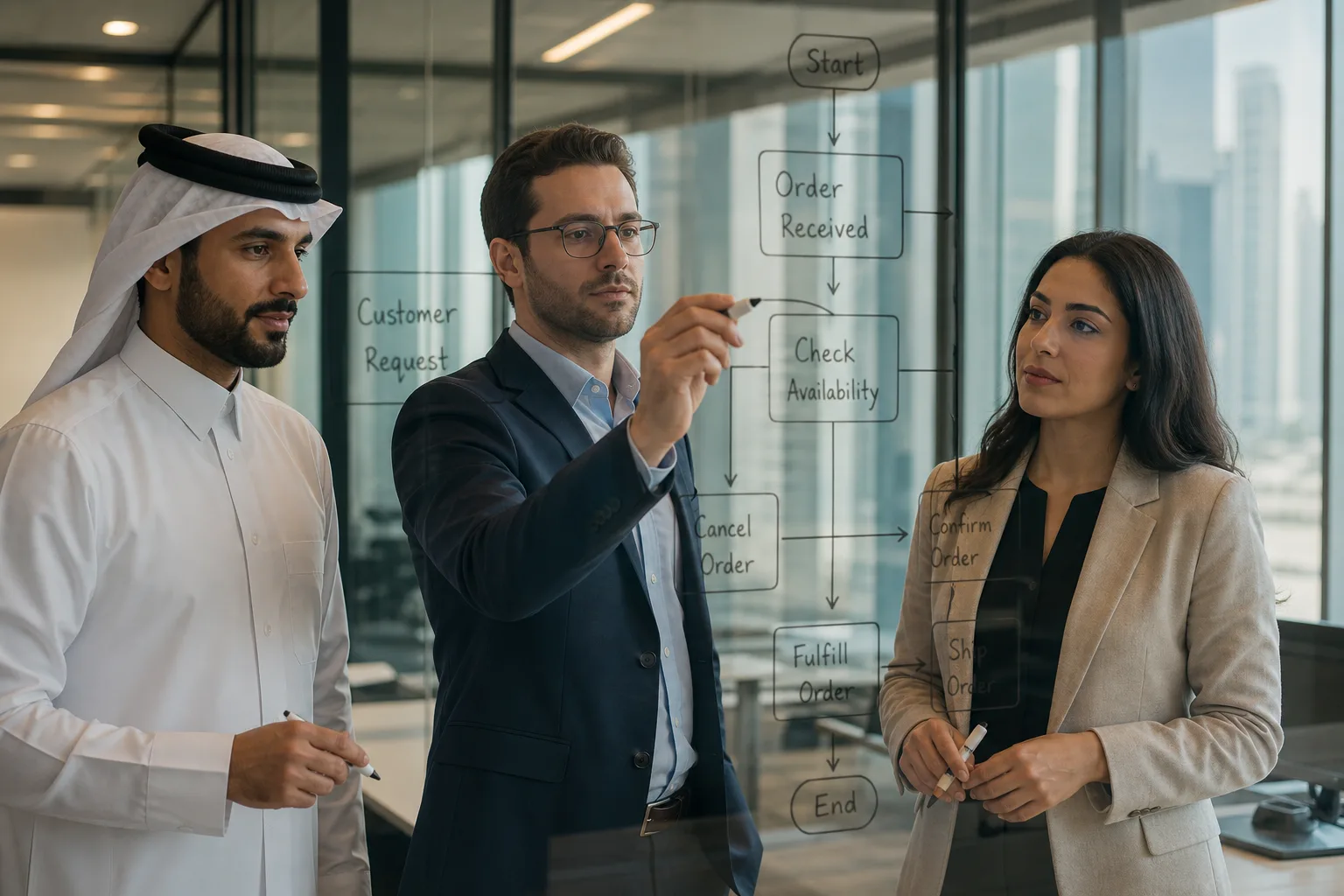 Three colleagues mapping a business workflow on a glass board in a Doha office